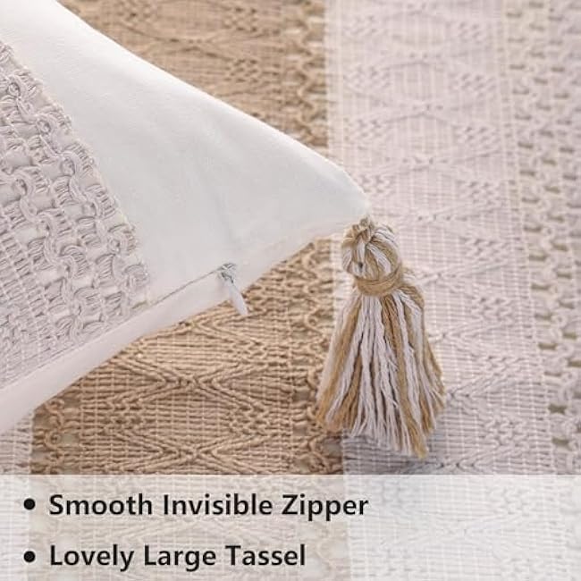 Tosleo Boho Khaki Striped Throw Pillow Covers 18x18 Set of 2 with Tassels Neutral Decorative Pillowcase Farmhouse Rustic Retro Cushion Case Bohemian Home Spring Decor for Wedding Bedroom Living Room