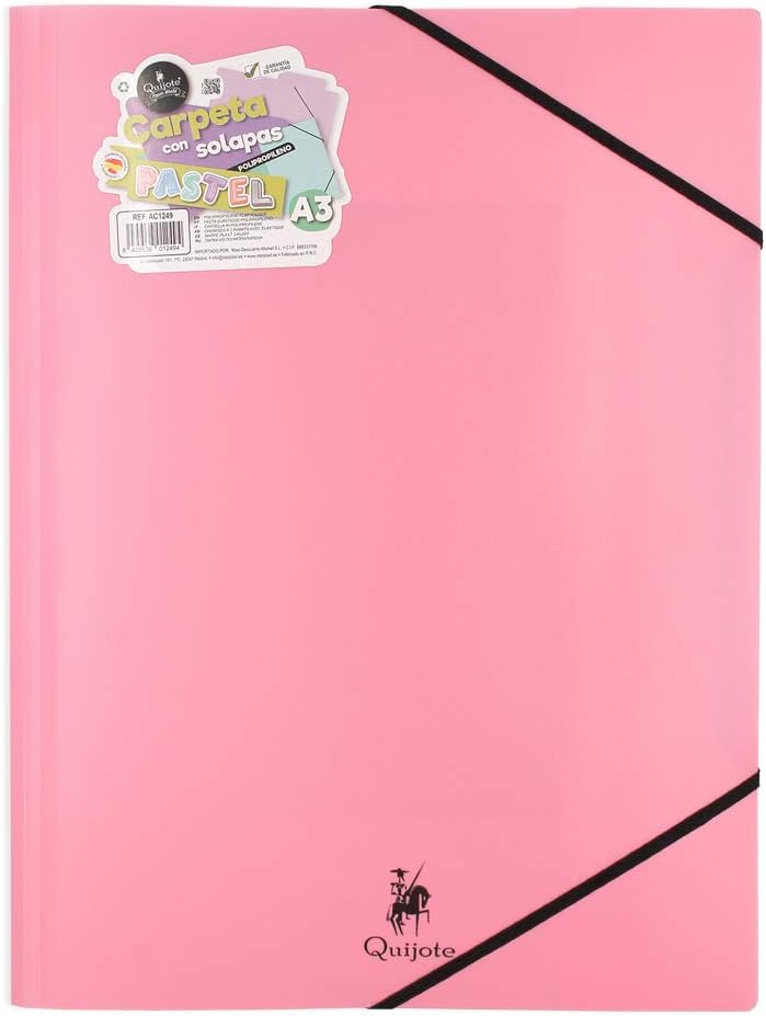 CARPETA PLÁSTICO CON GOMAS QUIJOTE PAPER WORLD - Portafolios de plástico resistente, para guardar apuntes o documentos. Uso escolar o de oficina - A3 Rosa