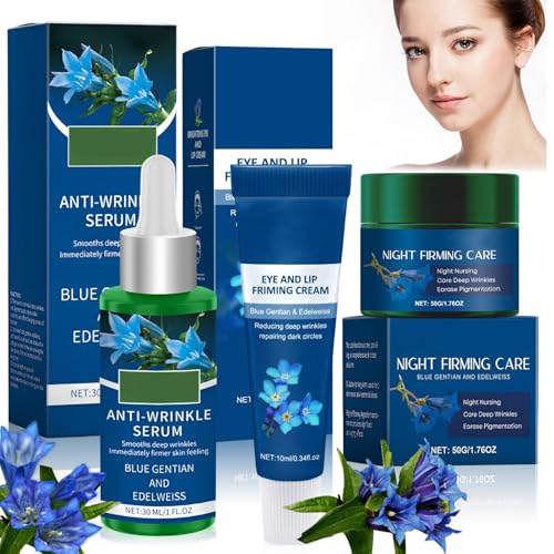 3 piezas Crema de Noche Redensificante, Sérum Redensificante de Genciana azul y Edelwe, Contorno de Ojos y Labios Redensificante, Ingredientes Naturales, Reafirman la Piel y Reducen las Arrugas