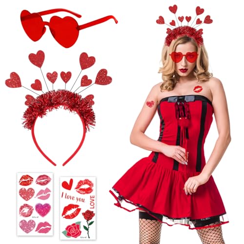 QIMMU Serre Tete Coeur,Serre Tete Coeur Rouge,Bandeau Coeurs Rouges,Verres en Forme de Coeur,et des Autocollants en Forme de Coeur,pour la Saint Valentin Mariage Carnaval Déguisement Fête