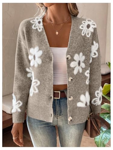 SHENHE Women's Floral Print Button Down Cardigan V Neck Drop Shoulder Knit Outerwear3