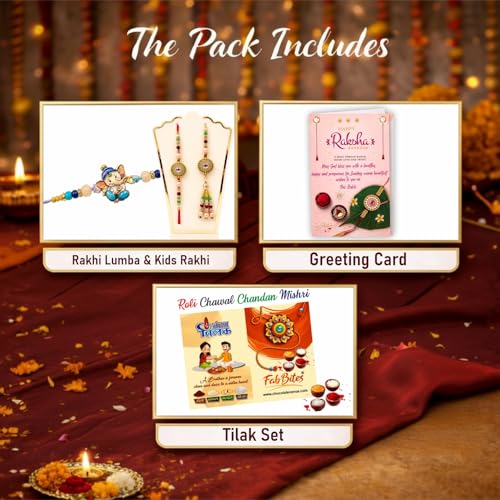 Image of Rakhi for Family,Brother and Bhabhi and Kids- Lumba and Designer n Cartoon Character Ganesh Ji Rakhi Set of 3 for Bhaiya, Sister in Law and Children with Rakshabandhan Greeting Card,Roli Tilak Set
