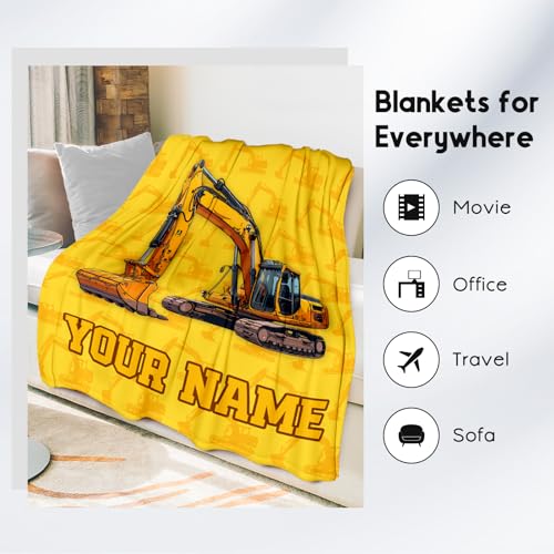 Personalized Blankets for Kids, Cozy Soft Excavator Throw Gifts for Boys, Yellow Flannel Construction Blankets for Bed Travel, 50x60 Inches