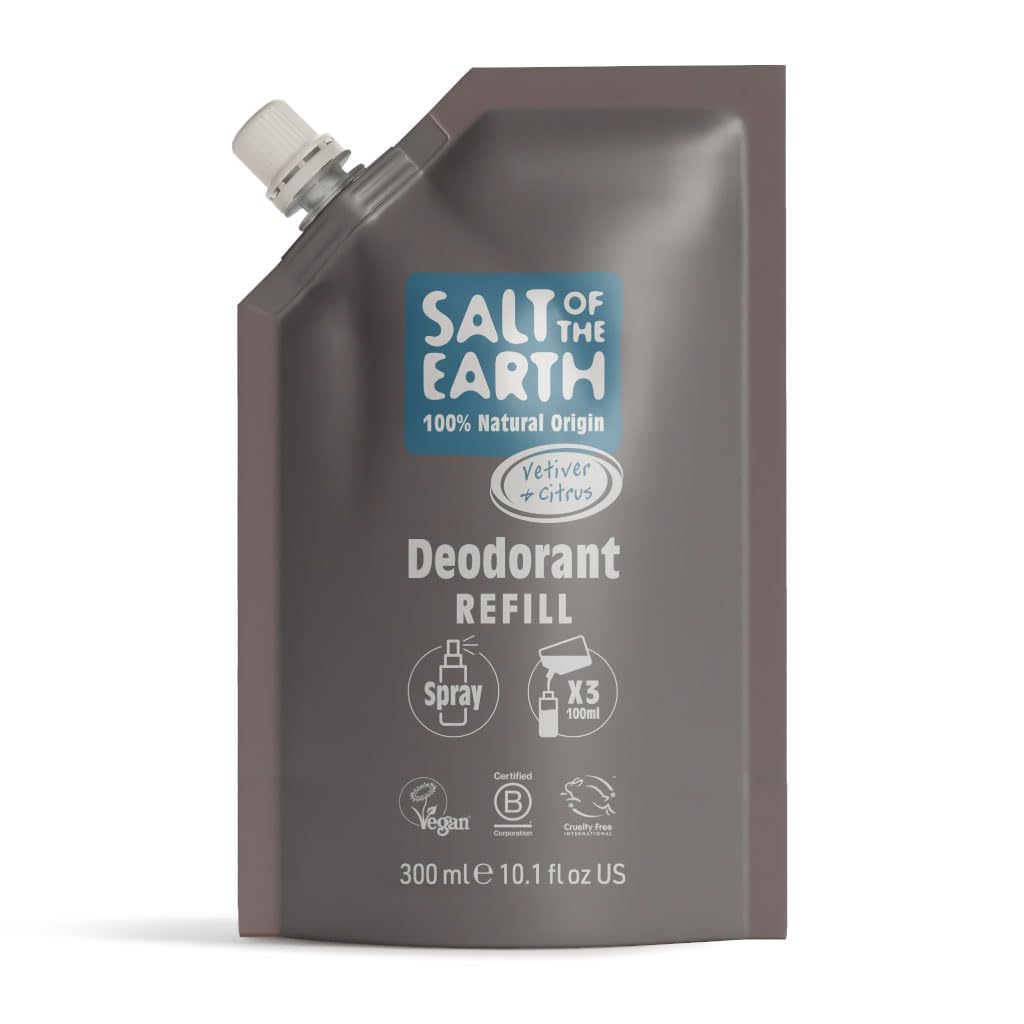Salt of the Earth - Natural Deodorant Spray Refill Pouch, x3 Uses - Vetiver & Citrus - Vegan, Long Lasting Protection, Made in the UK - 300ml
