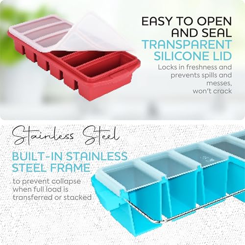 Image of 1 /2 Cup Silicone Freezer Tray With Lid - Silicone Freezer Molds 2-Pack For meal prep & freezing of various sauces and other dishes, makes 12 perfect 1 /2 cup portions cubes,oven and dishwasher safe