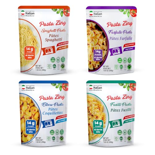 Pasta Zing Ready to Eat Pasta Variety Pack, 7 Pack (3 Spaghetti, 2 Farfalle, 1 Elbow, 1 Fusilli), Fully Cooked Microwave Pasta Ready in 1 Minute, Made from Italian Durum Wheat, Shelf Stable, No Boiling Required