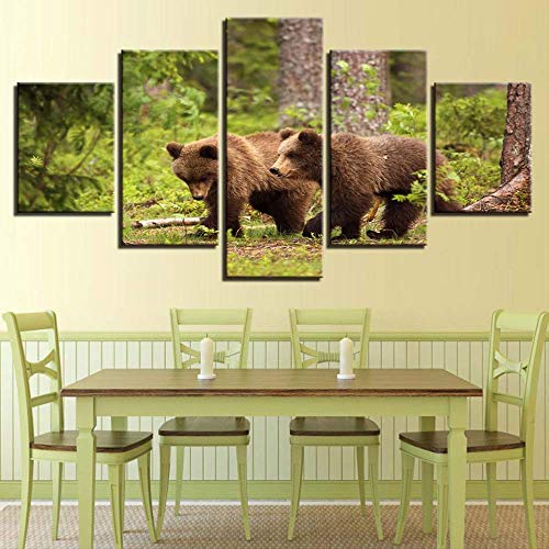 LIBIHUA Pintura En Lienzo Impresiones En HD Decoración para El Hogar 5 Piezas Animal Bear Restaurant Forest Wall Art Modular Pictures Landscape Artwork Poster 150x80cm Frame