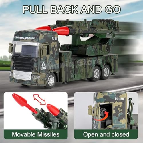 Image of Military Two Missile Launcher Truck with Lights & Sounds - Pull Back & Go Missile Model for Kids - Missiles Military Die Cast Fighting Truck Gift for Kids (Multicolor)