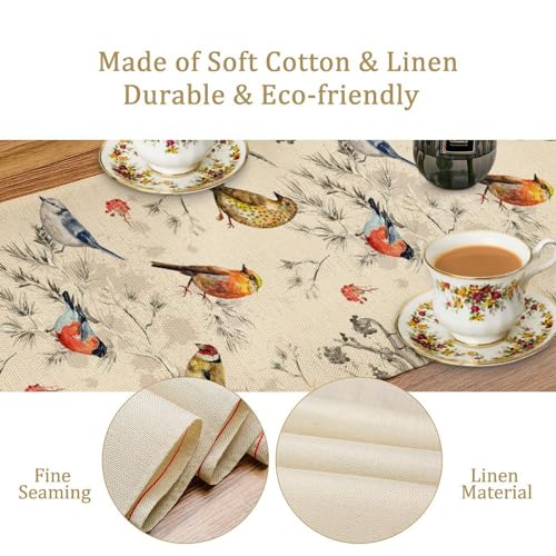 Image of Flower Birds Table Runner Nature Themed Winter Birds on Branches,Watercolor Pine Tree Tabletop Setting Decor for Party Dining Room Kitchen Decoration 13x60 Inch