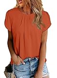 Dokotoo Womens Summer Tops Basic Pleated Casual Chiffon Blouse Crew Neck Solid Color Loose Short Cap Sleeve T-Shirts Blouses for Women Dressy Business Loose Fit Ladies Tops Orange M