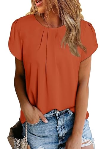 Dokotoo Womens Summer Tops Basic Pleated Casual Chiffon Blouse Crew Neck Solid Color Loose Short Cap Sleeve T-Shirts Blouses for Women Dressy Business Loose Fit Ladies Tops Orange M