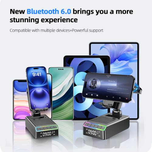 Image of Hupoaf Wireless Induction Speaker /Phone Stand,9-in-1 Bluetooth 6.0 Speaker | (Landscape /Portrait)Induction,Stereo Sound,Adjustable Phone Holder,Alarm Clock /RGB,Home Office,Birthday Gifts for Men Women