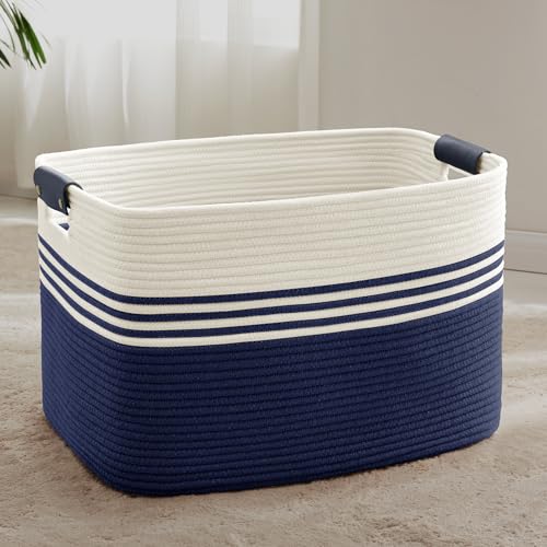 SunNewt 86L Large Woven Laundry Basket Hamper with Leather Handles,Navy