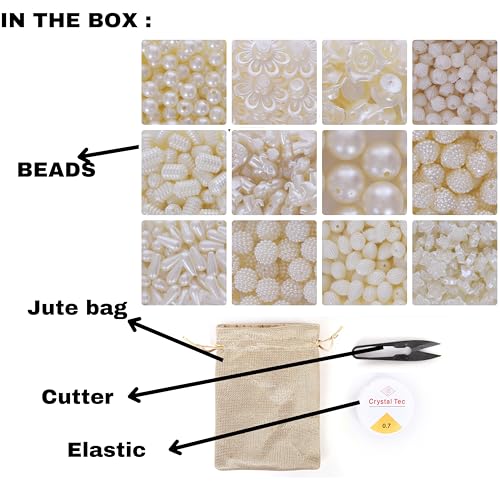 Image of Ambitieux Bracelet Craft Kit 12 Types of Pearl 900+ pcs of Plastic Beads Set with Elastic,Jute Bag and Thread Cutter - Perfect for Crafting (Pearl)