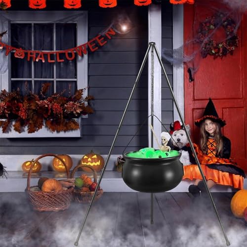 Chaudron de sorcière Halloween géant avec trépied et squelette déco