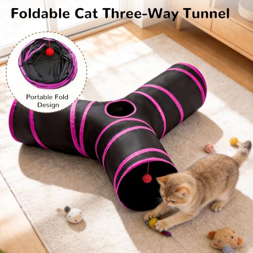 Image of Tempcore Cat Tunnel, 3-Way Collapsible Toy, Large Size Black & Rose Red | Large Size 3-Way Cat Tunnel Provides More Room for Cats to Run, Hide and Chase, with Peek Holes, Hanging Ball and Teaser Wand
