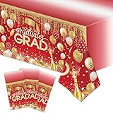 3pcs Graduation Tablecloth Disposable, 54in x 108in Graduation Decorations for Rectangle Tables, Grad Plastic Table Cover for Party Supplies（Red Gold