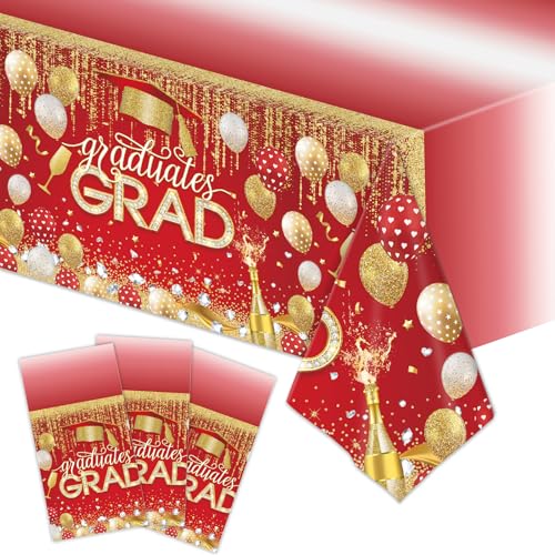 3pcs Graduation Tablecloth Disposable, 54in x 108in Graduation Decorations for Rectangle Tables, Grad Plastic Table Cover for Party Supplies（Red Gold