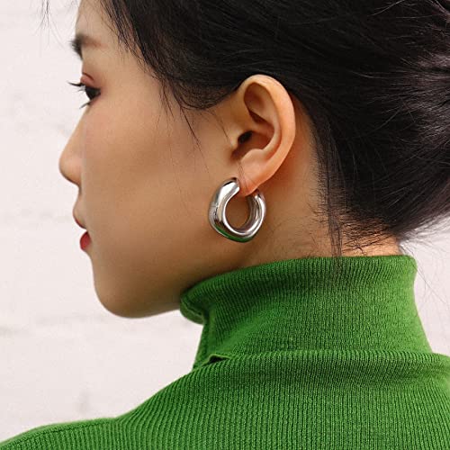 Waterproof Thick Gold Chunky Hoops Earrings for Women Non Tarnish,Gold Plated Hypoallergenic Open Hoop Earrings,Lightweight Hollow Earrings