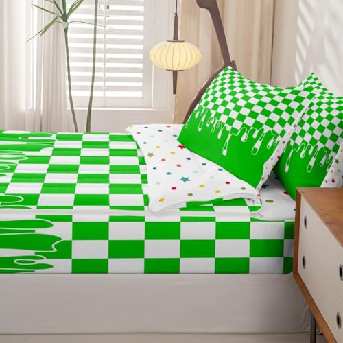 Image of Bright Green Checkered Zipper Bedding for Full - 4 Piece Zip Up Comforter Set with Fitted Sheet & 2 Pillowcases,Breathable Checkerboard Drip Y2K Aesthetic Geometric Bed in a Bag,All Season Lightweight