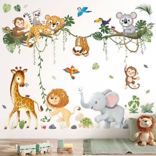 DECOWALL SG2-2501 Jungle Animal Branch Wall Decals Stickers Nursery Décor Baby Safari Wallpaper Tree Kids Living Room Boys Bedroom Removable Peel and Stick Home