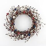 NeoL'artes 20inch Patriotic Wreaths for Front Door, 4th of July Pip Berry Grapevine Wreath White Blue Stars and Berries, Independent Day Porch Door Window Decor