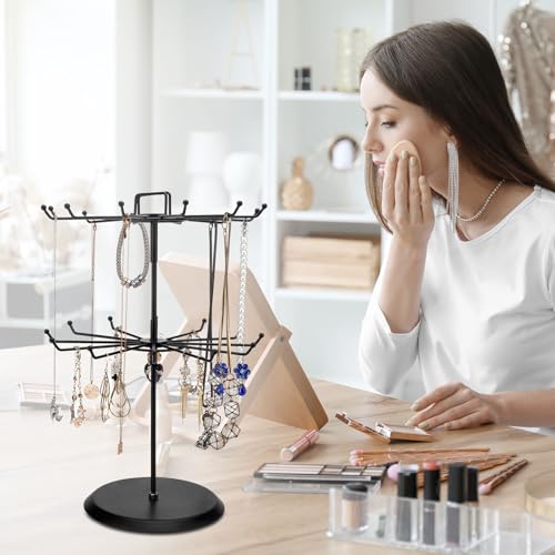 MyGift 2 Tier Black Metal Rotating Necklace and Bracelet Organizer Jewelry Stand with 24 Hooks, Multipurpose Accessory and Keychain Spinning Display Rack with Top Handle Card Holder3