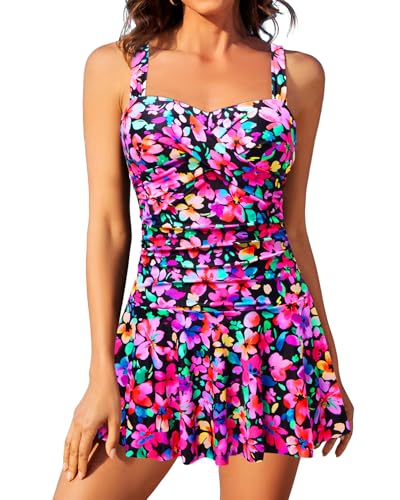Image of Aqua Eve One Piece Swim Dress Tummy Control Swimsuit with Skirt Modest Bathing Suit Vintage Swimdress
