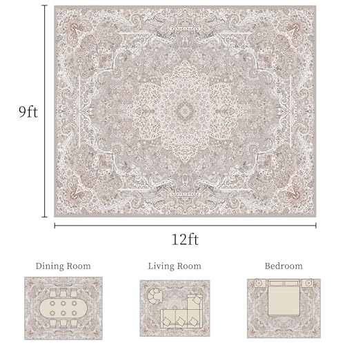 Vintage 9x12 Washable Area Rug, Low-Profile Large Area Rug with Non-Slip Backing & Durable Edge Binding, Pet-Friendly Carpet, Large Rug for Living Room, Bedroom & Dinning Room