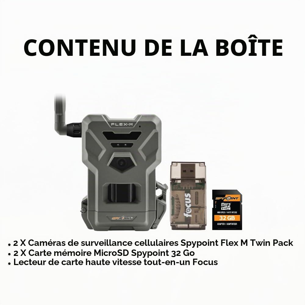 SPYPOINT Flex M Lot de 2 caméras de chasse cellulaires 28 MP avec carte mémoire haute vitesse de 32 Go et lecteur de cartes haut débit (4 articles)