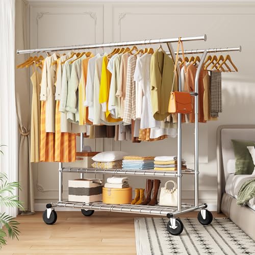 Raybee 74" W Heavy Duty Clothes Rack, Double Rods Clothing Rack Load 630 LBS, Rolling Clothes Racks for Hanging Clothes 400+, Garment Rack for Bedroom, Laundry Room, Retail Store