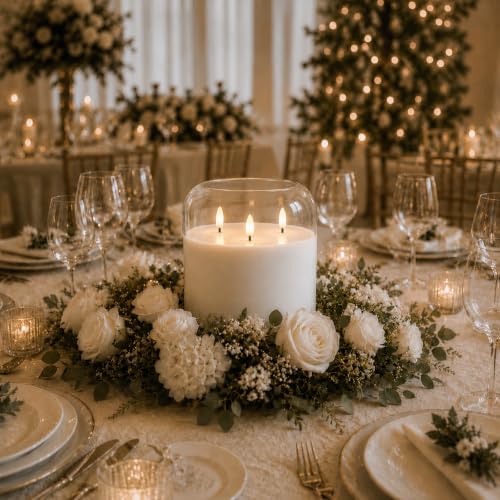 Image of Homemory 6 x 6 Inch Extra Large Flameless Candle, Clear Glass 3-Wick LED Pillar Candle, Pure White Real Wax Candle with Smooth Rounded Rim, Remote Control and Timer for Home Decor
