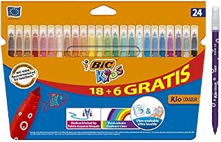 BIC Kids Kid Couleur Felt Tip Colouring Pens - Cardboard Wallet of 24 Ultra-Washable Pens - Assorted Colours - Medium Point