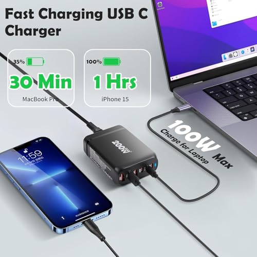 Image of MX 200W GaN USB C Charging Station, 6-Port Desktop Charger with PD 100W Type C Power Supply QC3.0 Fast Charging for MacBook Pro 16 inch /Air, Dell XPS, iPad Pro, iPhone 17 /16 /15, Galaxy S25 /S24