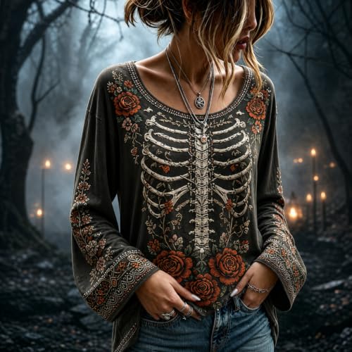 Womens Halloween Shirts Vintage Skeleton Crew Neck Bell Sleeve Top - image 2