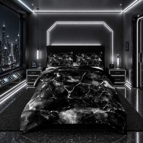 Image of Nttopship Black and White Comforter Set Full Size,Black and White Marble Bedding Set 3 Pcs Bedding for Adults, Marble Room Decor with Comforter and 2 Pillowcases Soft and Lightweight