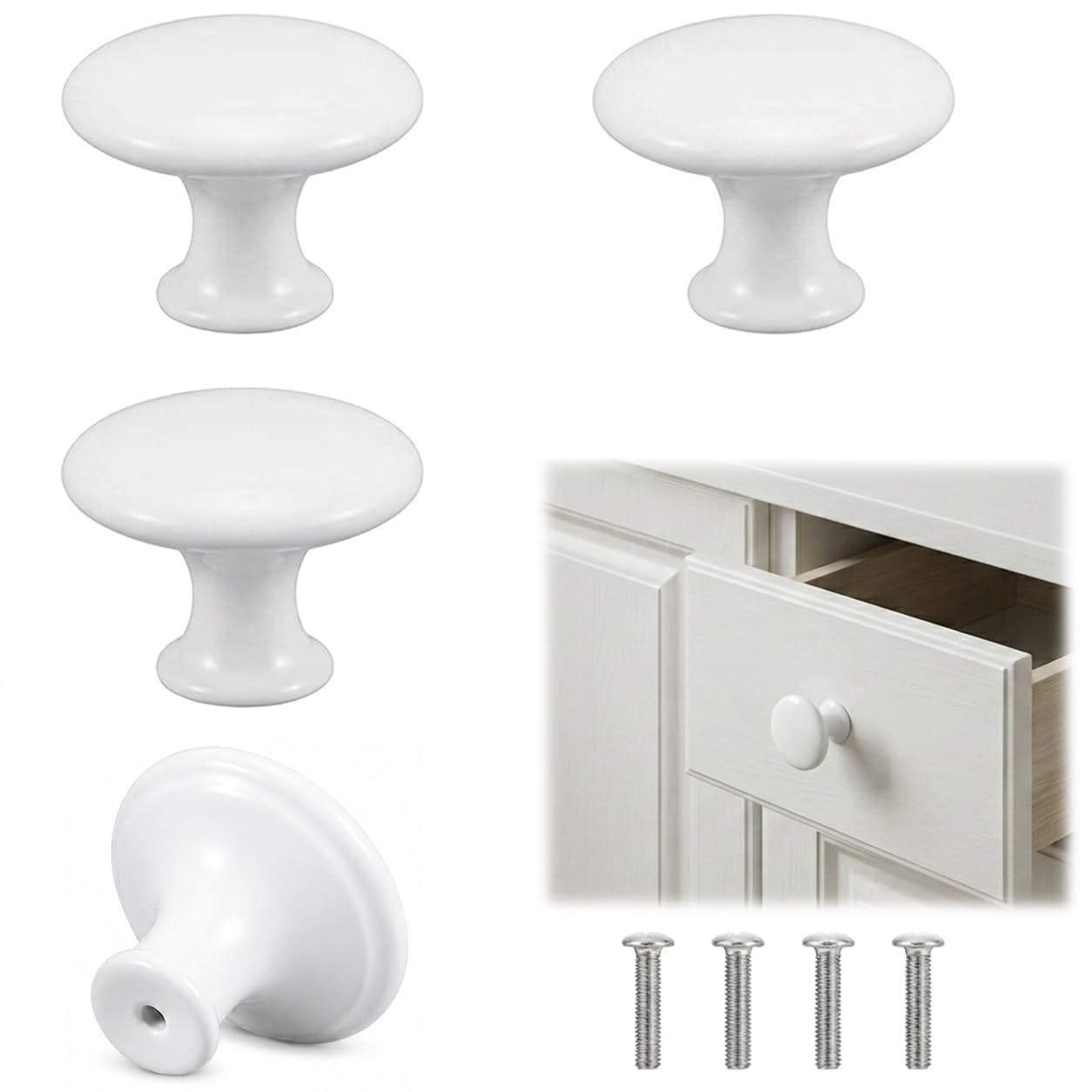 4 Pack White Drawer Knobs, 29mm Stainless Steel Round Cabinet Handles