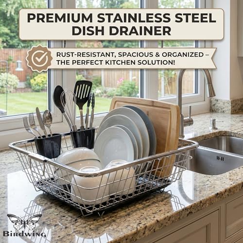 Image of BIRDWING Heavy Duty Stainless Steel Utensil Drying Stand - Extra Large Kitchen Dish Rack with Water Drain Tray, Countertop Plate Bowl Organizer Basket,60x47x23 Cm