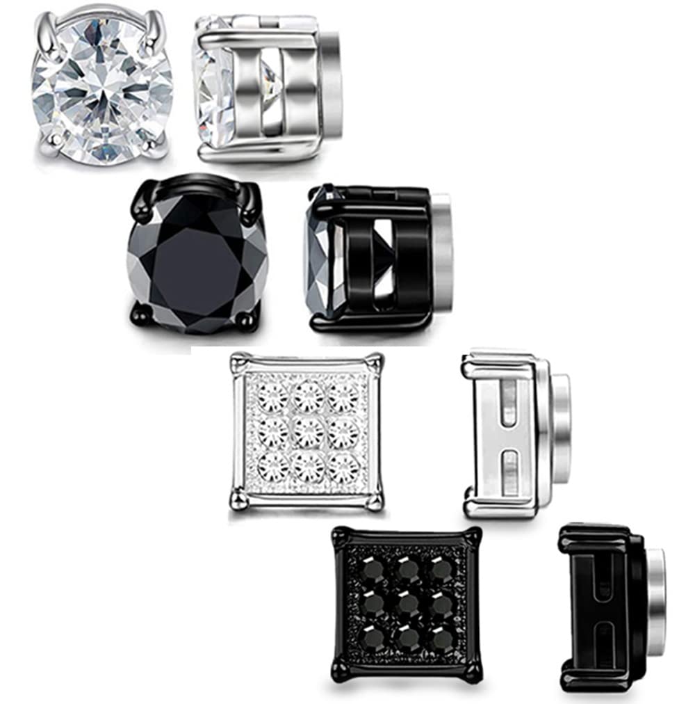 YCL&TXL 4 Pairs Stainless Steel Non-piercing Stud Earrings Round Square CZ Magnetic Earrings for Men Women 6mm (Silver+Black), Stainless Steel, Cubic Zirconia