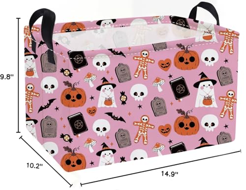 Image of Essme Rectangular Halloween Basket,Pink Storage Bins Organizer with Handles for Room Decor, Gift Basket.(Magic Halloween)