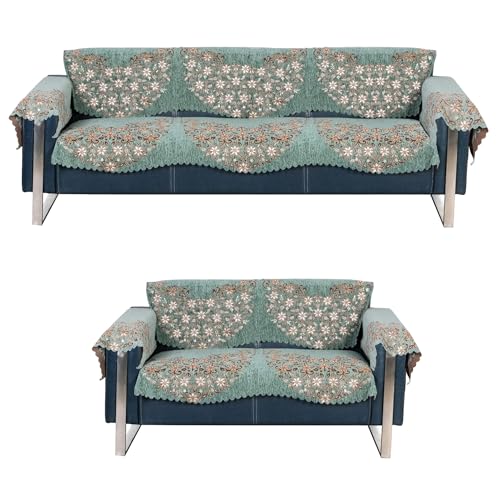 Image of Premium Chenille Woven Anti-Slip 3 Seater + 2 Seater Sofa Cover with Arm Rest | L-Shape Sofa Seat Protector for Living Room | Durable & Stylish Slipcover - Teal Phoolkari