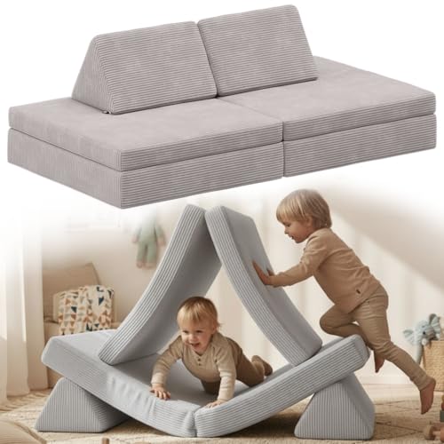 Bellabino Nile Spielsofa Maxi 4-TLG. für Kinder – Kindersofa Cord in Grau – Spielesofa Schaumstoff Bausteine – modulare Kindercouch ausklappbar mit waschbarem Bezug – Sofa Kinderzimmer Kuschelecke