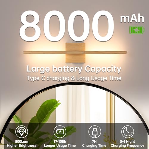 Image of Shenmoyl Battery Operated Wall Sconce Set of 2, 8000mAh Rechargeable Wall Sconces, 3000K-6000K Dimmable, 350Rotate, Indoor Wall Lights for Bedroom Living Room, Original Wood, 23.6 Inch