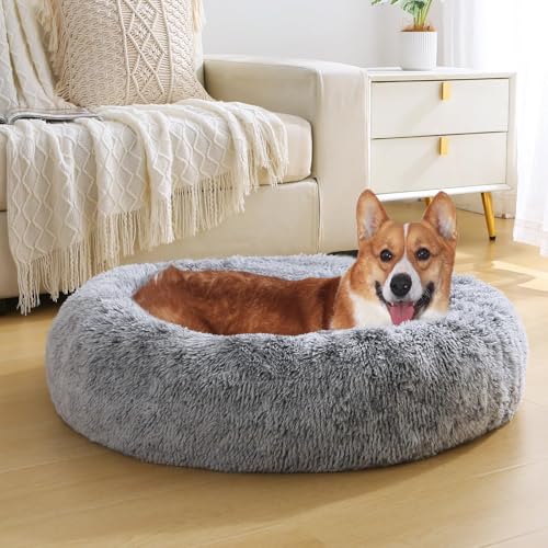 Image of JOLLYVOGUE Faux Fur Dog & Cat Bed, Calming Anti-Anxiety Pet Bed for Small Dogs, Fluffy Donut Cushion for Small and Medium Pets (23 inch), BLACK