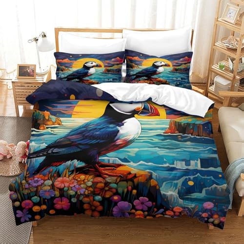 Linge de lit macareux 3D et drap de couette microfibre super king - 3