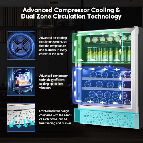 Tylza Dual Zone Wine Fridge, 24 Inch Wine and Beverage Refrigerator Built-in or Freestanding, Wine Beer Fridge Under Counter, Wine Cellar with Stainless Steel and Temperature Memory Function - Image 6