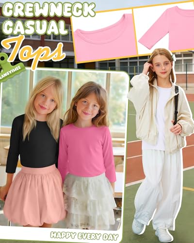 Image of 4 Pack Girls 3 /4 Sleeve T Shirts Kids Crewneck Elbow Sleeve Casual Tops Solid Basic Cute Teen Tees 5-14Y
