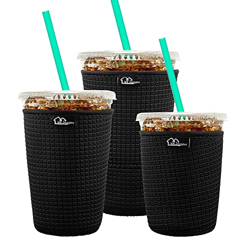 Image of Reusable Iced Coffee Cup Sleeve for Cold Beverages and Neoprene Cold Coffee Cup Sleeves Cooler Cover 16-32OZ for Coffee Cups, McDonalds, Dunkin Donuts, More (Embossed Black)