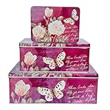 hadaaya Pack of 3 Rectangle Cookie Tins With Lids Multipurpose Tin Container for Cookies,Candies, Kitchen Storage, Stationery - BURGUNDY FLORAL BUTTERFLY