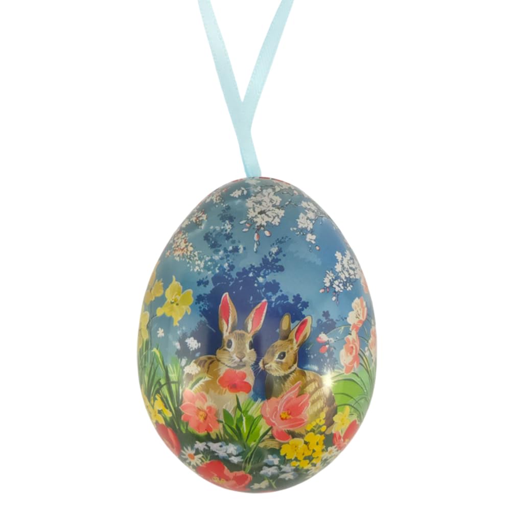 Cute Rabbits | Vintage Style Two Part Hanging Easter Egg | Fillable Tin | 7cm